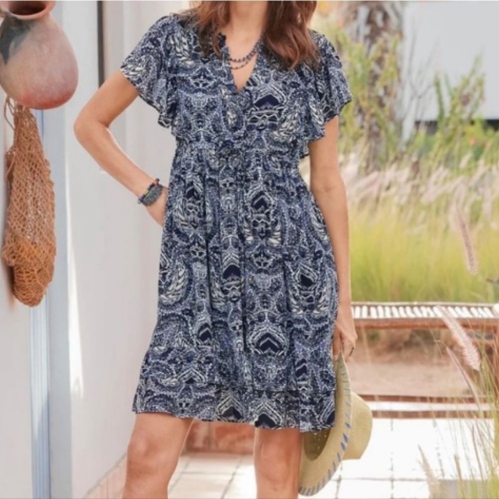 Sundance Skye Dress Blue Batik Flutter Sleeve XXL 2XL boho coastal cowgirl indie